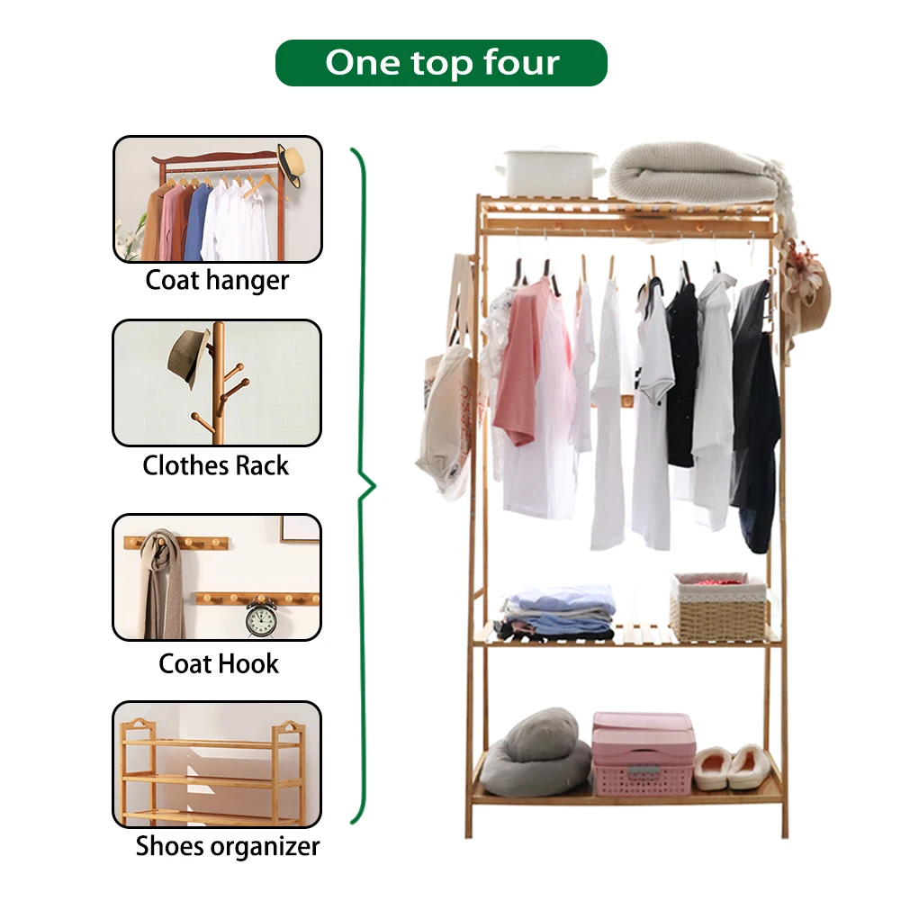 Bamboo Clothes Rail Rack Free Standing Garment Rack with 3 Storage Shelves and 10 Hooks