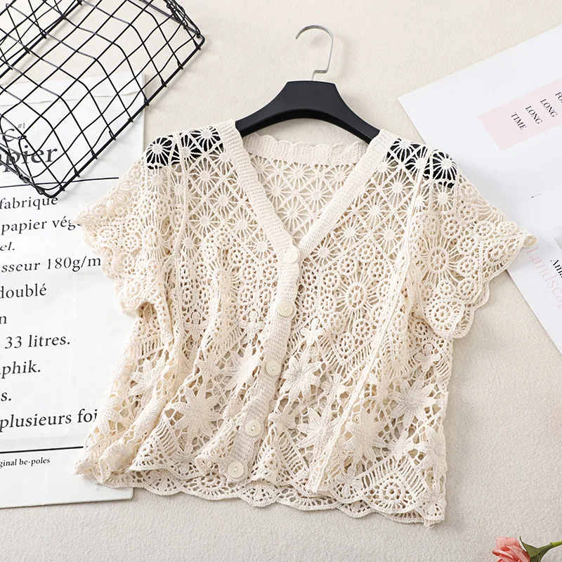 

Crocheted Cutout Shawl Spring/Summer Small Coat With Skirt Knitted -Sleeved Shirt Women 2024 New Thin Short Cardigan