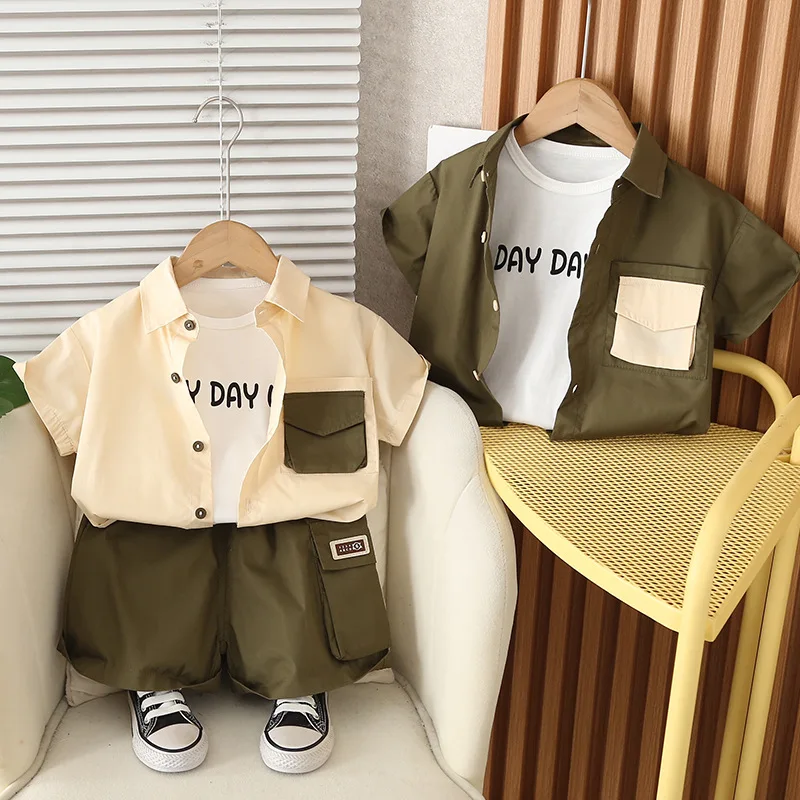 

Summer Toddler Baby Boys Cotton Leisure Pocket Patchwork Shirt+Tee Top+Shorts Pant Set Kids 3PCS Tracksuit Children Outfit 1-6Yr