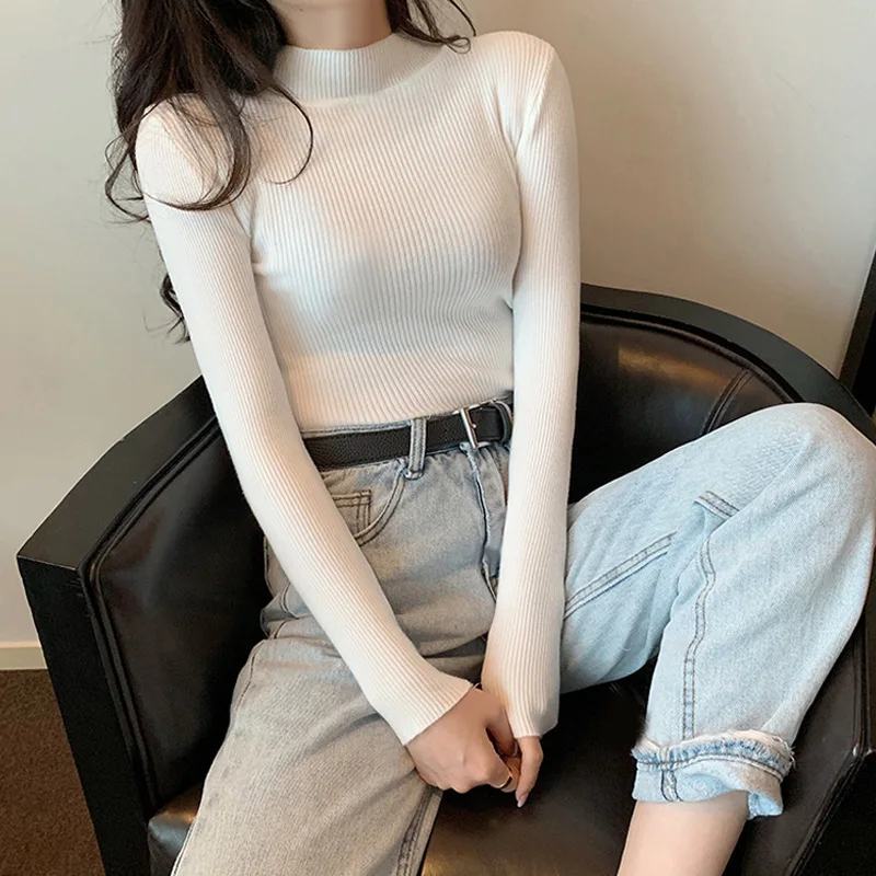 

Korean Sweaters Simple Chic Jumpers Autumn Winter Women Sweater Vintage Basic Solid Knitted Mock Neck Tops Casual Slim Sweater