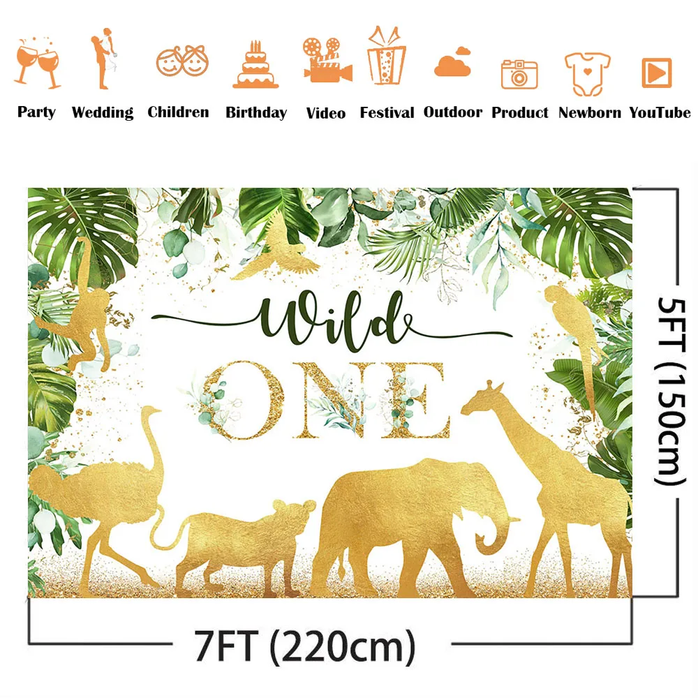 Arrière-Plan pour Photo d'Anniversaire Thème Safari Junlge, Feuilles Vertes, Animaux du Zoo, Décorations pour 1er Anniversaire