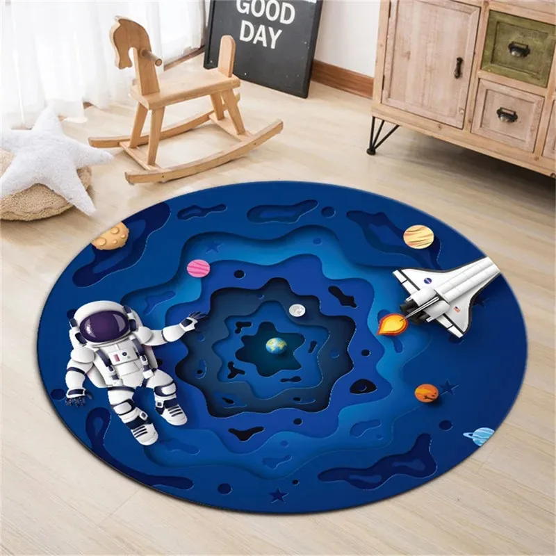 Cute Cartoon Space Astronaut Round Printed Polyester Rug Children's Bedroom Play Mat Boy Room Crawling Tapete Redondo