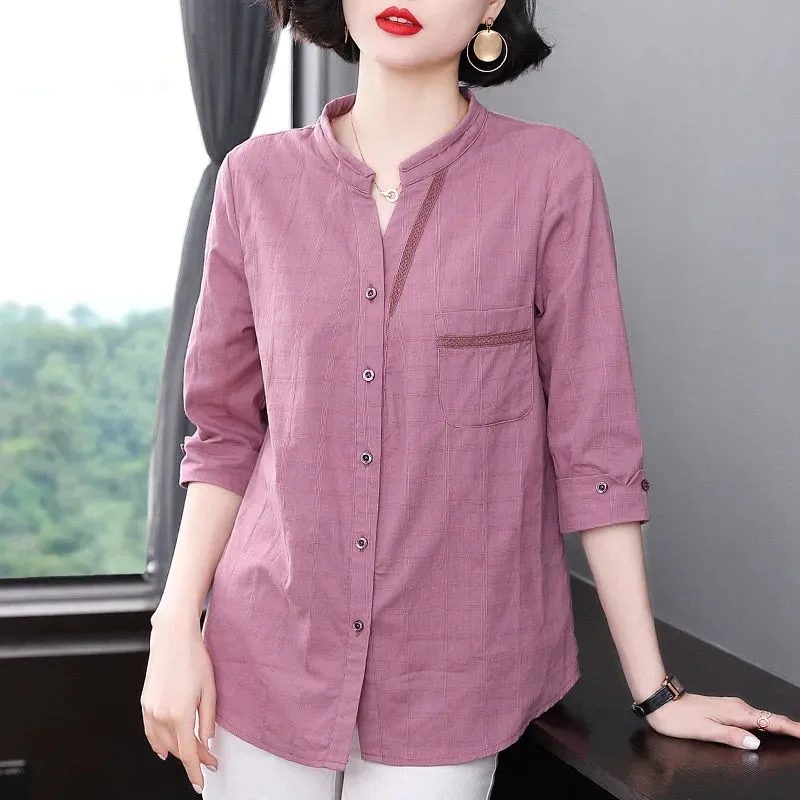 

Three Quarter Sleeve Cotton Shirt Women Spring Summer NEW Cotton Linen Cardigan Blouse Large Size 5XL Plaid Top Femme Blaus