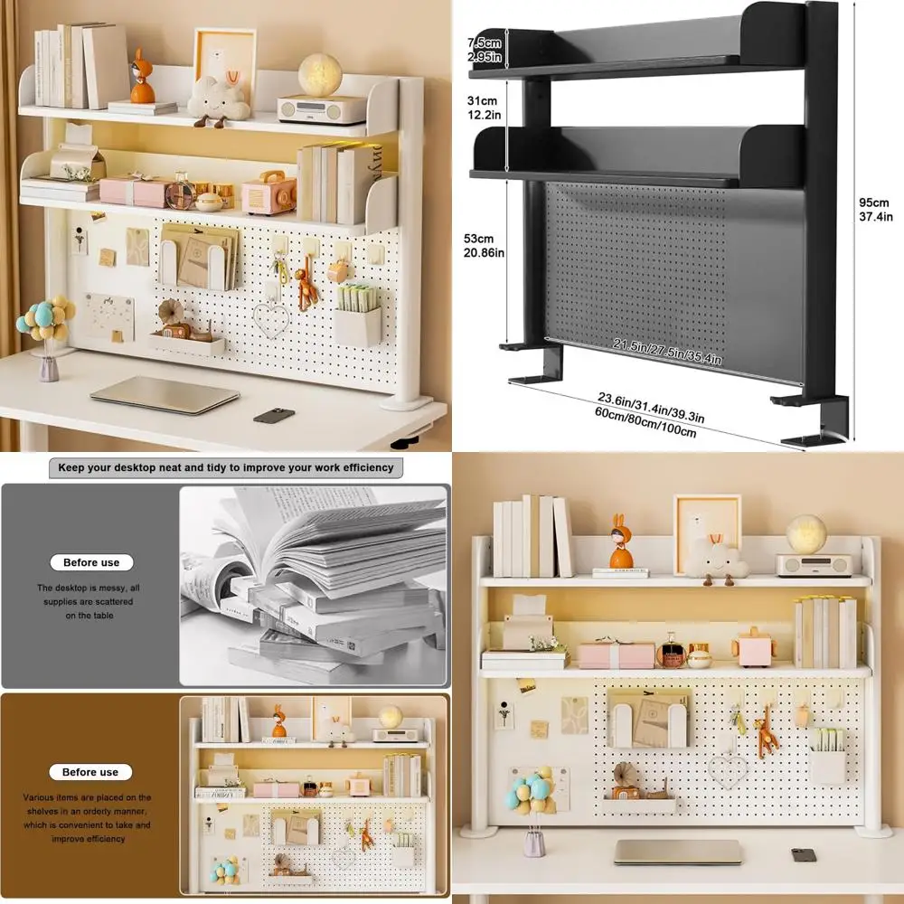 

Desk Shelf Organizer with Pegboard, Black Bookshelf Storage for Home Office, Dorm, Gaming Desk, Space-Saving Solution