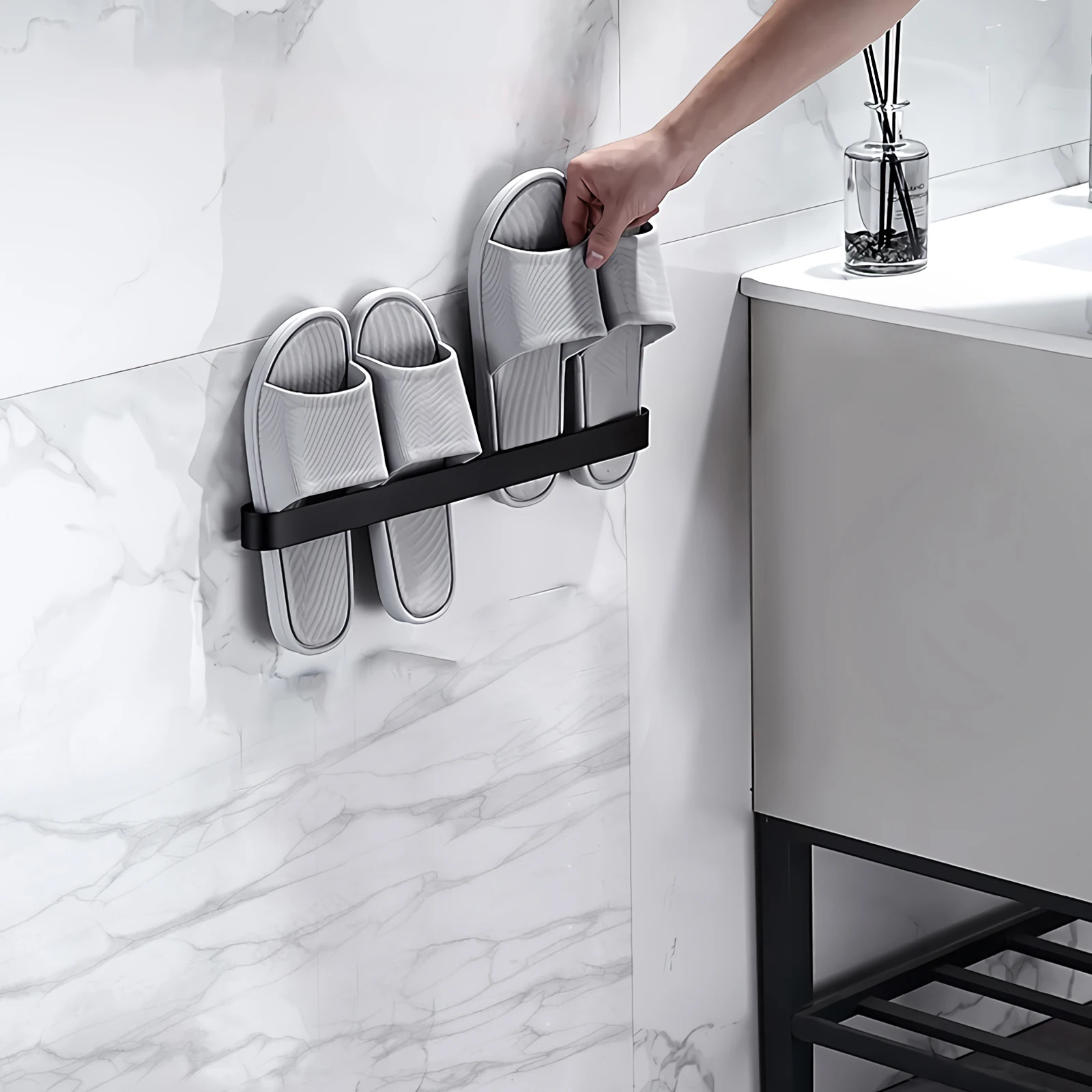 

Wall Mounted Slipper Rack Nail Free Black Shoe ganizer Bathroom Storage Solution Metal Anti Rust Home Hall Hotel