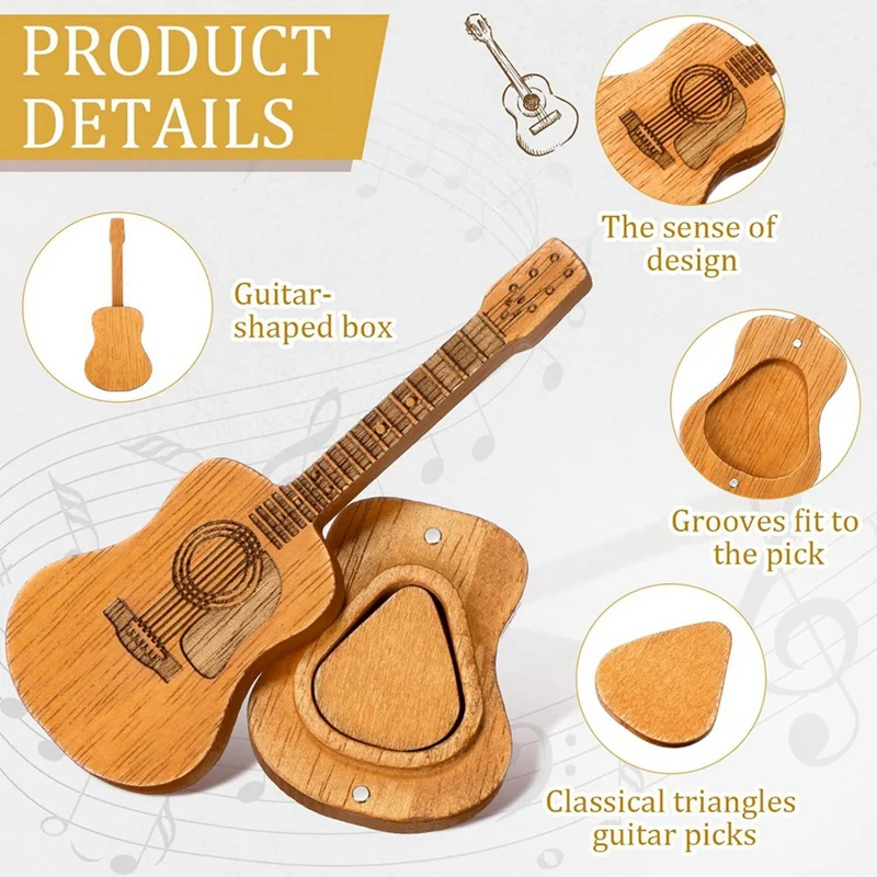 Guitar Pick Box With 6 Pcs Guitar Picks, Wooden Acoustic Guitar Pick Box For Present Music Instrument Guitar Bass