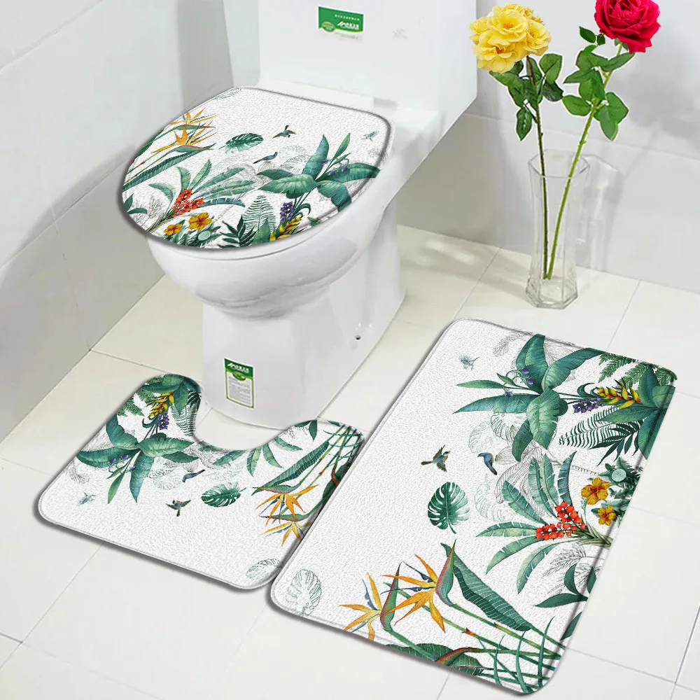 Tropical Leaves Bath Mat Set Green Palm Leaf Monstera Black Carpet Home Bathroom Decor Non Slip Rugs U-shaped Toilet Lid Cover