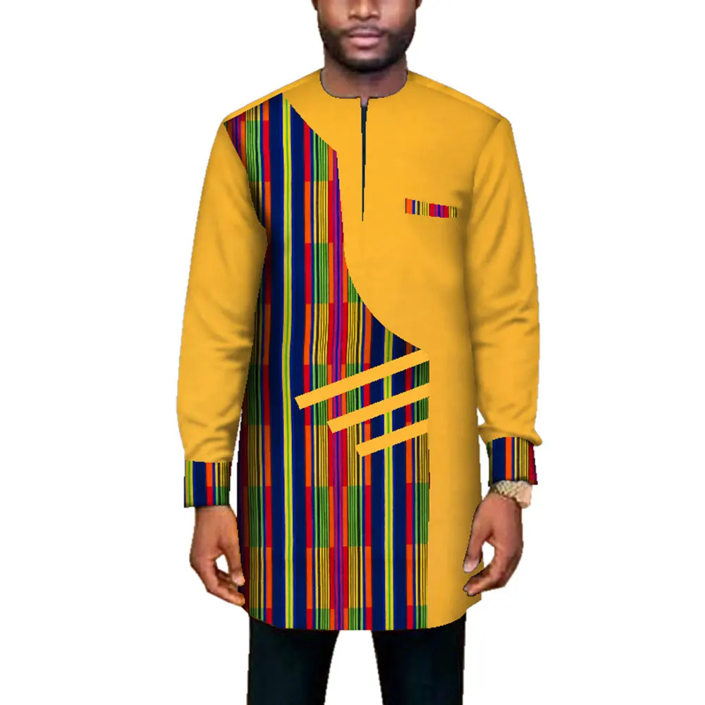 Ropa africana de manga larga para hombre, Tops largos Dashiki de retales, informales, con estampado africano, para fiesta de boda, WYN669