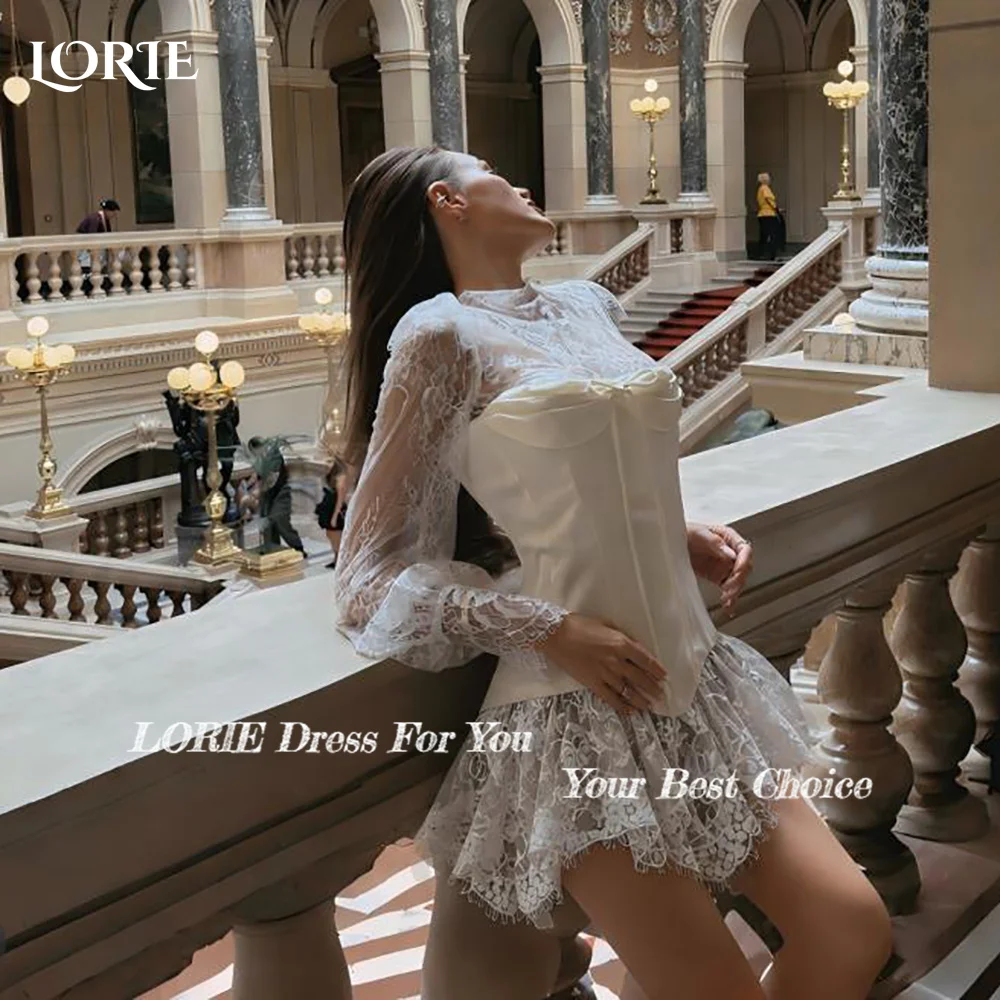 LORIE Sexy Mini Lace Wedding Dresses High Neck Appliques Long Sleeves Bridal Gowns Above Knee Bodycon Bride Dresses Customized