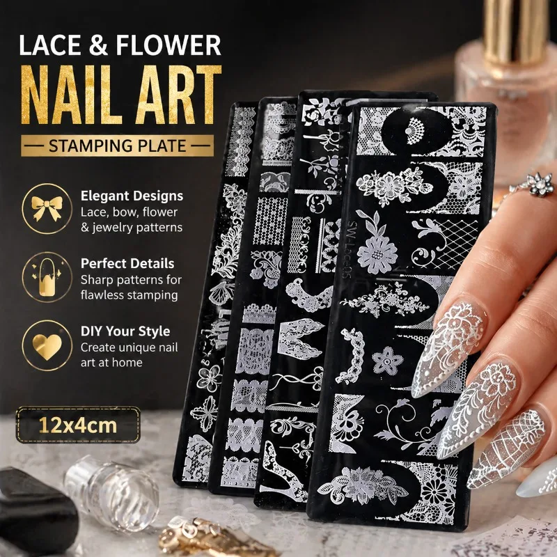 Delicate Lace Nail Steel Plate Ins Trendy French Style Elegant Bow Blossom Jewelry Pattern Fine Etched Stencil Surface