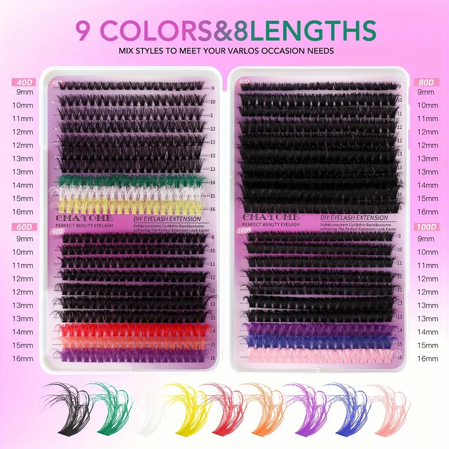 780pcs DIY eyelash bundle kit - color blend, D-roll adhesive and sealed independent eyelashes, brush and tweezers