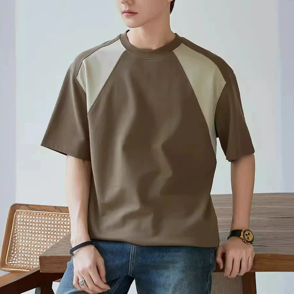 Great For Vacations Color Blocked Tops Fashion Casual Wear Men\'s Holiday Color Blocked Shirt Casual T-shirt Apricot