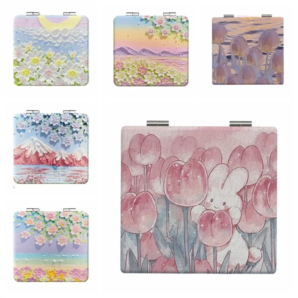 Pocket Tulip Square Makeup Mirror Oil Painting Magnifying Cosmetic Mirror Handheld Vanity Folding Mirror Girls Ladies