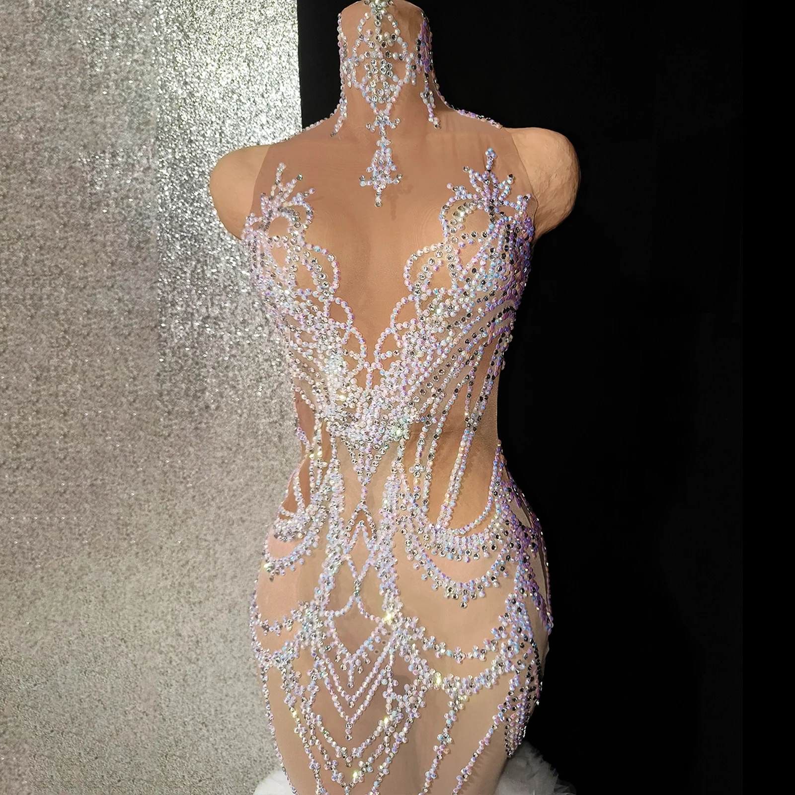 عالية الرقبة انظر من خلال حجر الراين ذيل السمكة فستان أبيض ريشة تنورة فاخرة مأدبة فستان طويل المغني والمشاهير فستان الزفاف #6