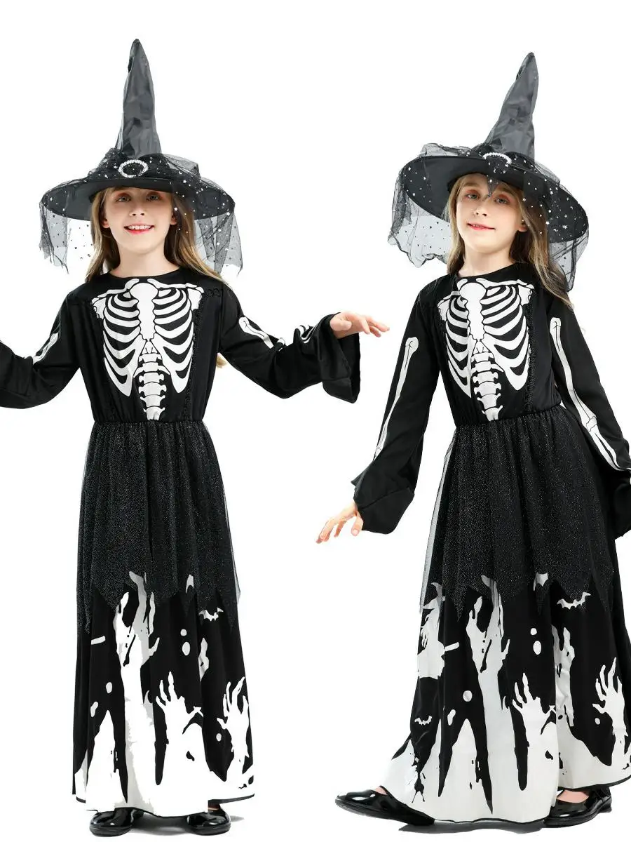 أزياء الأطفال التأثيرية المتوهجة لمرحلة الأداء الساحرة الهيكل العظمي شبح الشيطان loween Par eup الزي الجنية T موضوع