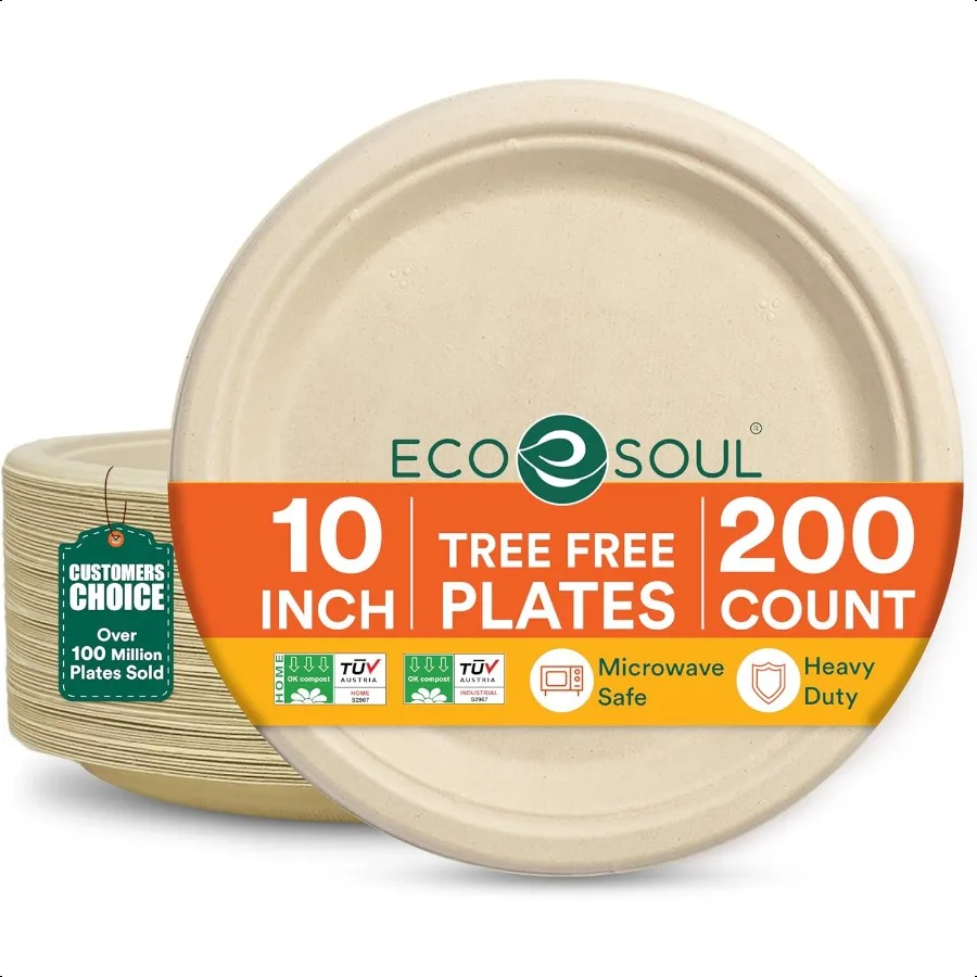 

100 Compostable 10 Inch Paper Plates 200 [2x100 Pc] Party Plates I Heavy Duty EcoFriendly Sturdy Dinner Wedding Event Plates I