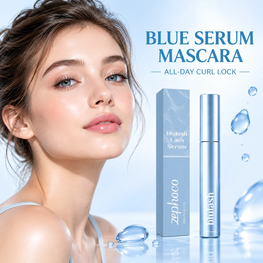 Blue Serum Mascara Waterproof Sweatproof Curl Lock Volumizing Lengthening Natural Lash Gentle Formula for Sensitive Eyes 10ml