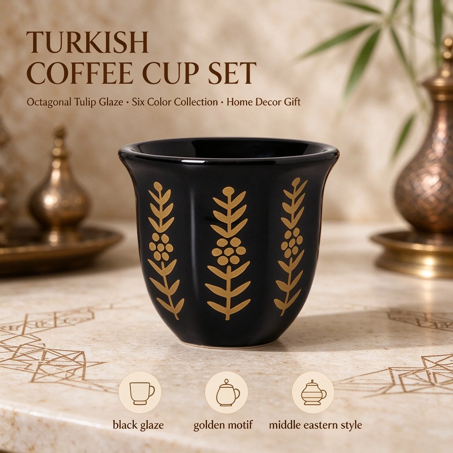 Turkish Coffee Cup Set Octagonal Tulip Glaze Ceramic Six Color Middle Eastern Tea Cup Home Tabletop Decor Gift