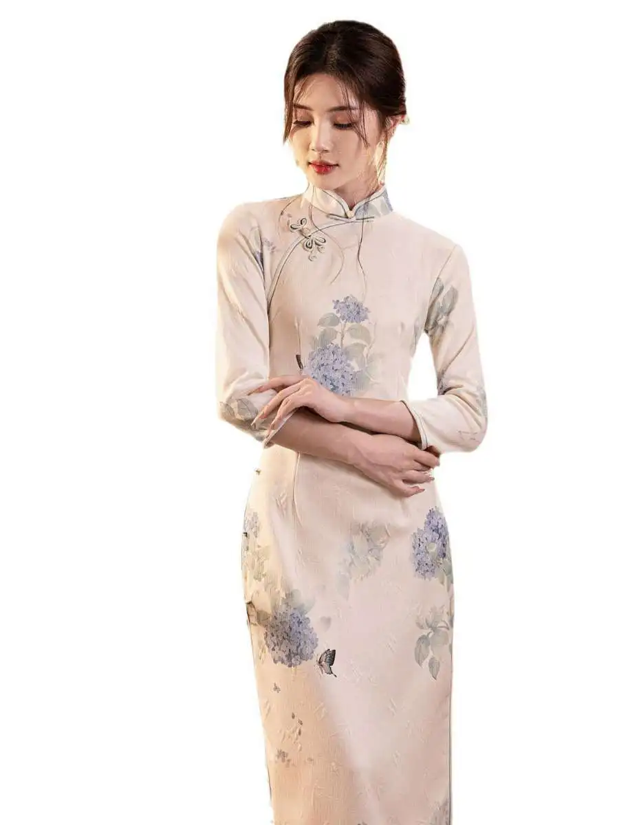 فستان تشيباو طويل للفتيات بنقشة الزهور، إصدار جديد للخريف، ملابس يومية محسنة، زي أنيق للسيدات