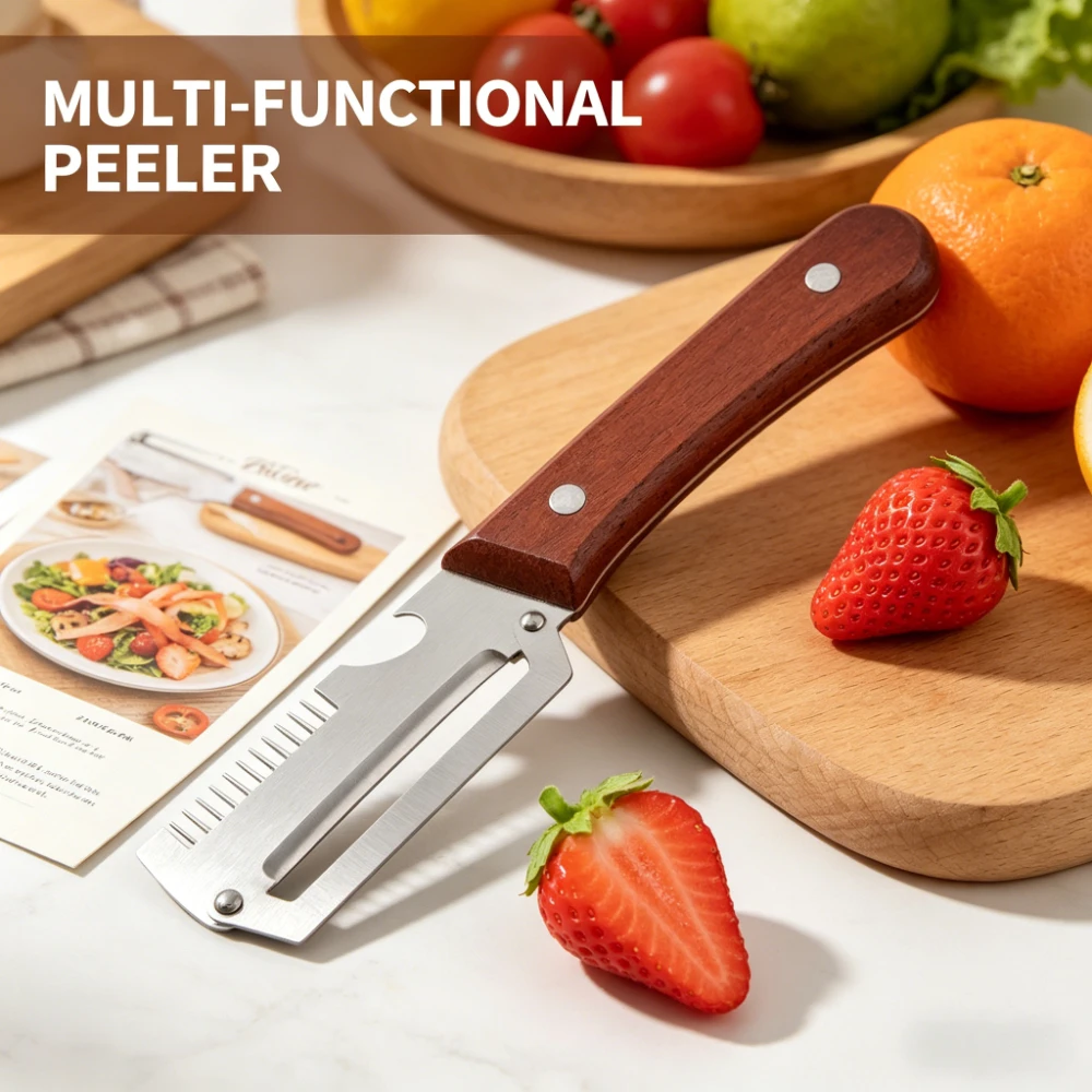 Ergonomic 2 In 1 Wood Handle Paring Knife And Vegetable Peeler Stainless Steel Sharp For Fruit Potato Easy Peeling Tool
