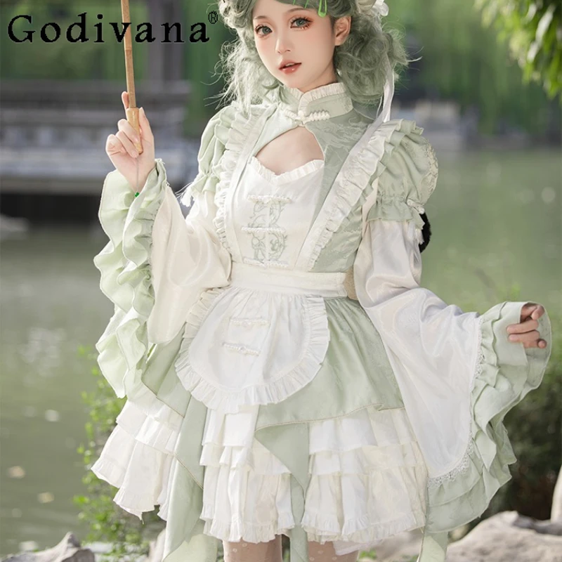 

Lolita Chinese Style Embroidery Dress Women's Cute Princess Sweet Apron Lolita Dress Female High Street Green Irregular Dress