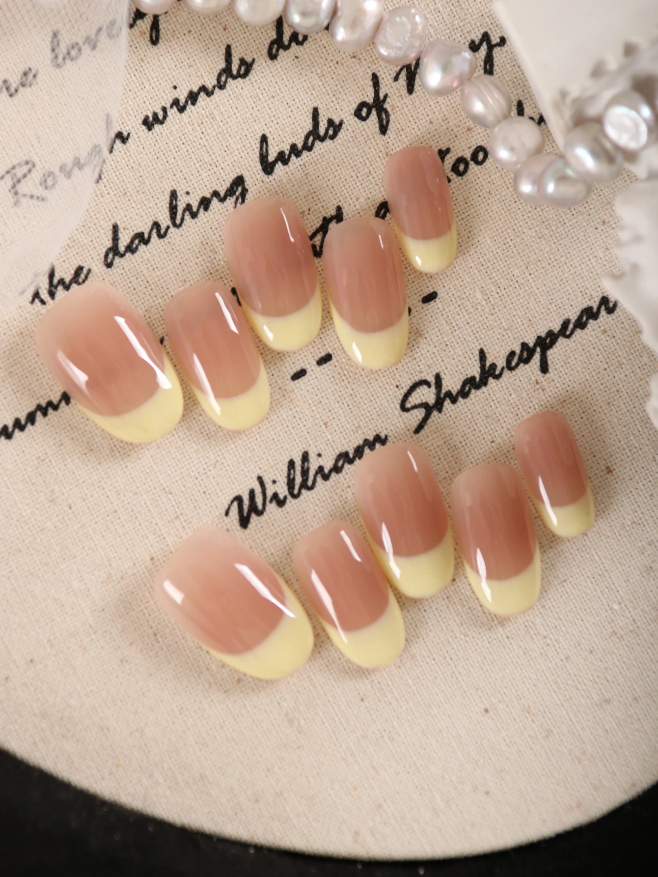 10Pcs Press on Nails Short French Style Light Yellow Fake Nails Includes 1 Sheet Adhesive Tabs & 1 Pc Mini File
