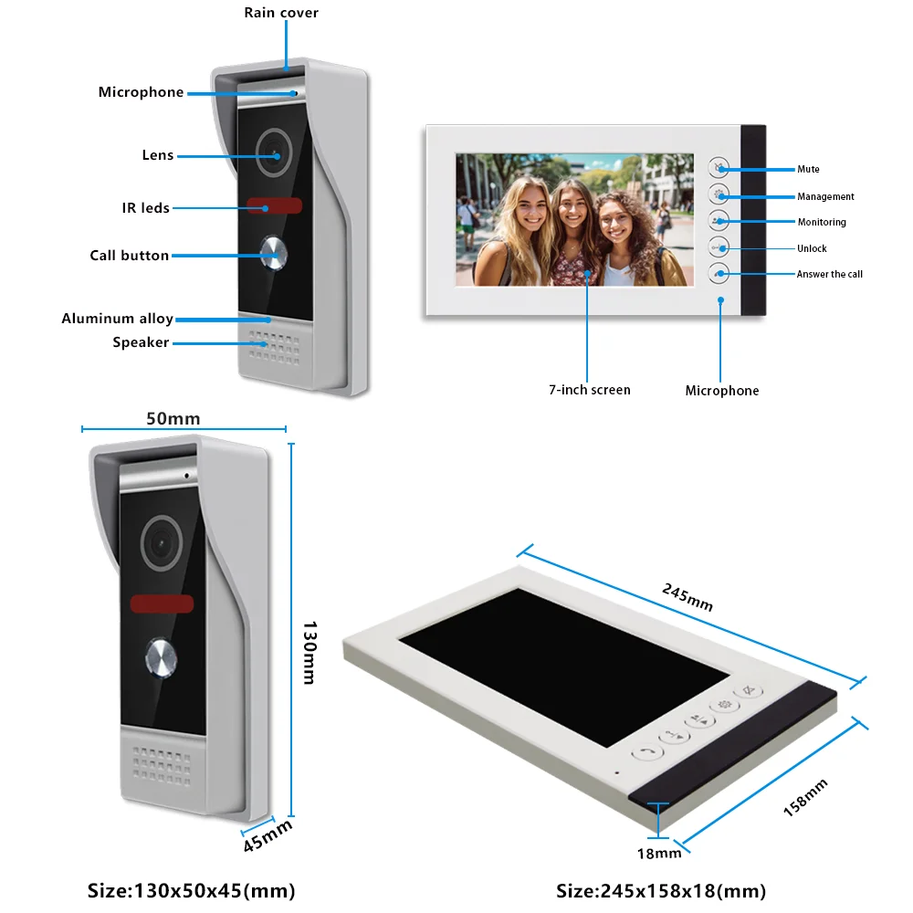 7-Inch HD Family Video Intercom Apartment Complex Private Residential Intercom Doorbell Surveillance Camera