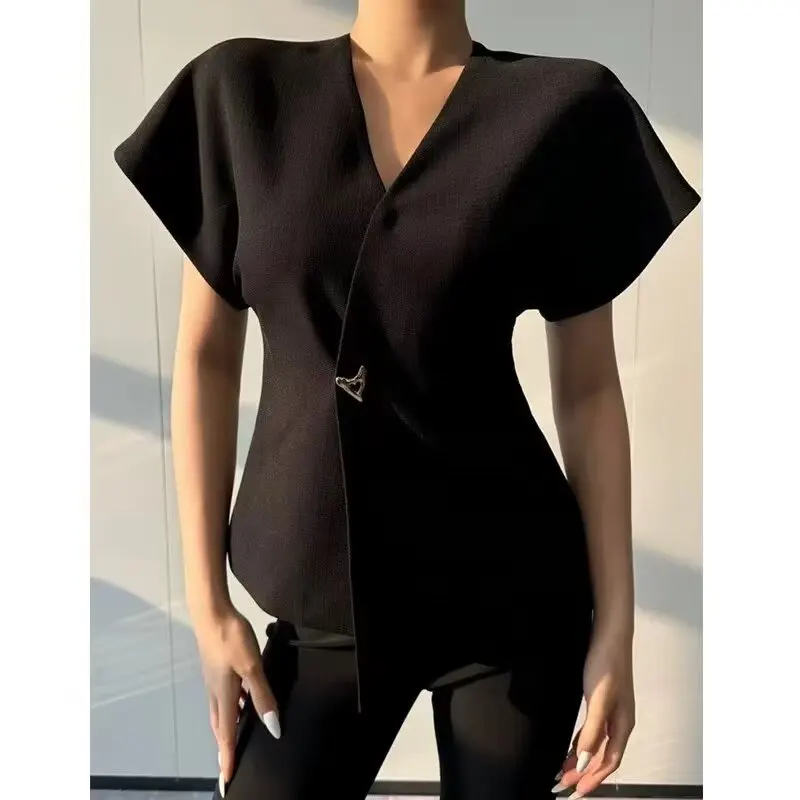 French pure desire one-button V-neck short-sleeved asymmetrical new age-reducing waist slimming shirt top