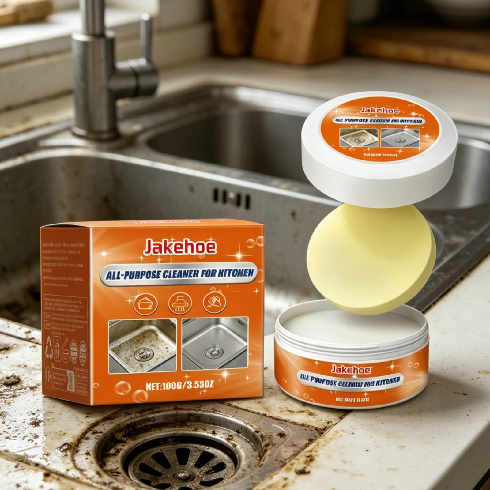 

Jakehoe All Purpose Kitchen Cleaner Strong Decontamination Heavy Stain Remove Restores Shine Potent Kitchen Cleaning Paste 100g