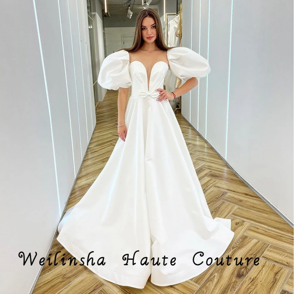 Personalizado weilinsha branco com decote em v vestidos de casamento de manga curta para senhoras arco 2022 novo estiramento cetim vestidos de noiva trem varredura ro