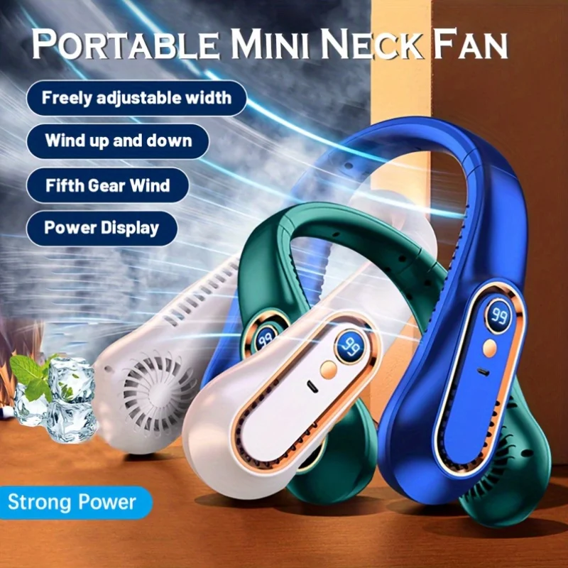 

1pc Portable Mini Neck Fan with Digital Display, USB Rechargeable, 5-Speed Adjustable, Safe & Comfortable, for Sports Use