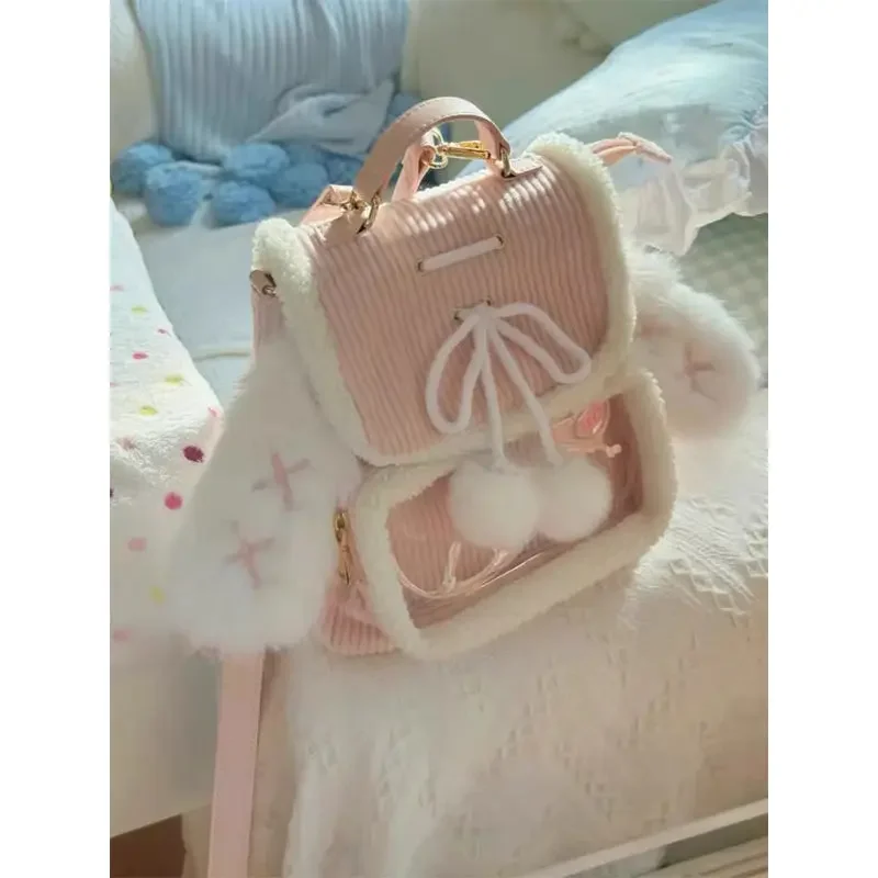 Xiuya Pink Small Backpacks for Women Rabbit Ears Cute Corduroy Lolita Jk Ita Bag Transparent Plush Kawaii Female Aesthetic Bags