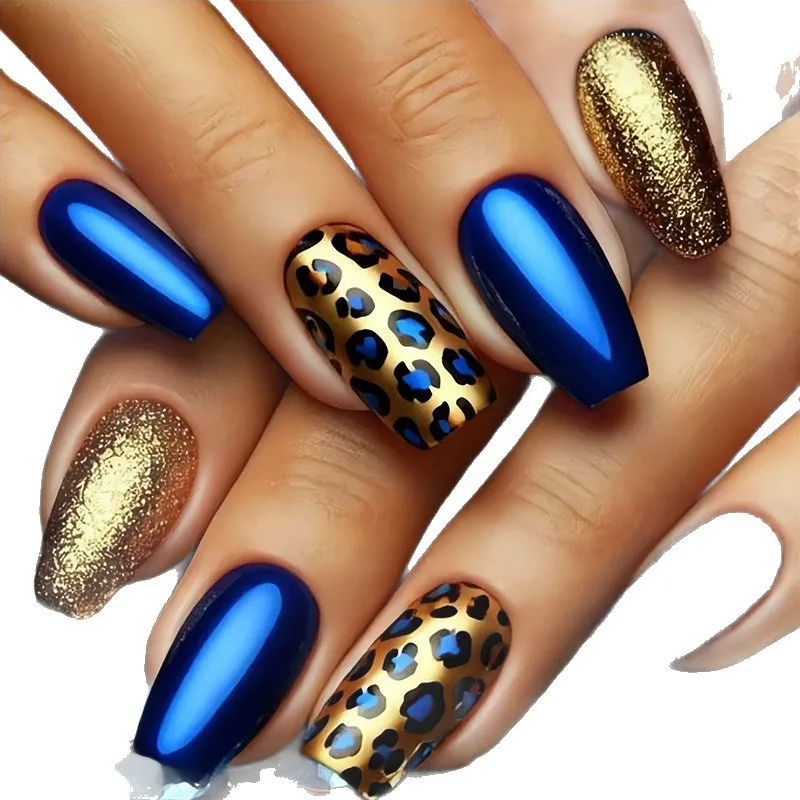 

Новые минималистичные накладные ногти 2026 года, высококачественные модные сексуальные синие леопардовые блестящие накладные ногти средней длины