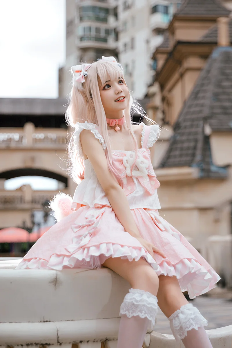 Robe de gâteau dos nu en dentelle à volants pour filles, nœud rayé mignon, griffe de chat en peluche, Lolita Jsk, Kawaii Sweet Loli, Cosplay de style japonais