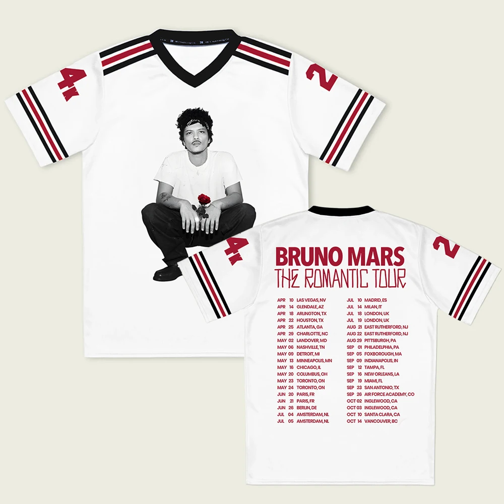 Bruno Mars The Romantic Tour 2026 T-shirt unisexe à col en V et manches courtes, coupe ample, style streetwear, impression 3D, collection merchandising Bruno Mars The Romantic Tour 2026 T-shirt unisexe à col en V et manches courtes, coupe ample, style streetwear, impression 3D, collection merchandising