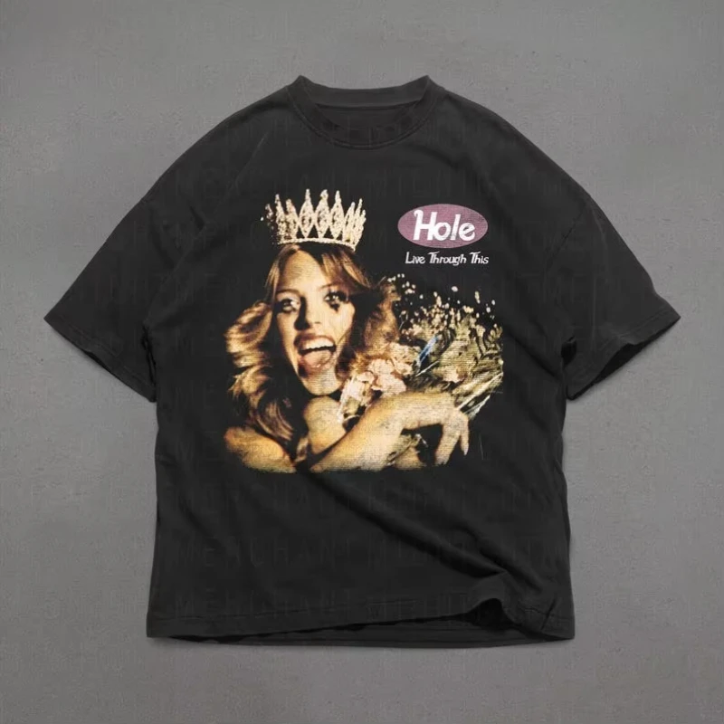 

Hole Live Through This Print Cotton Short Sleeve Tshirt 90s Retro Graphic Tee Summer Men Women Vintage Y2K Round Neck Streetwear