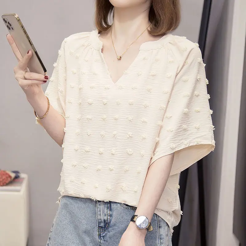 

Fashion V-Neck Folds Solid Color Casual Flare Sleeve Blouses Women Clothing 2024 Summer New Loose All-match Tops Commuter Shirts