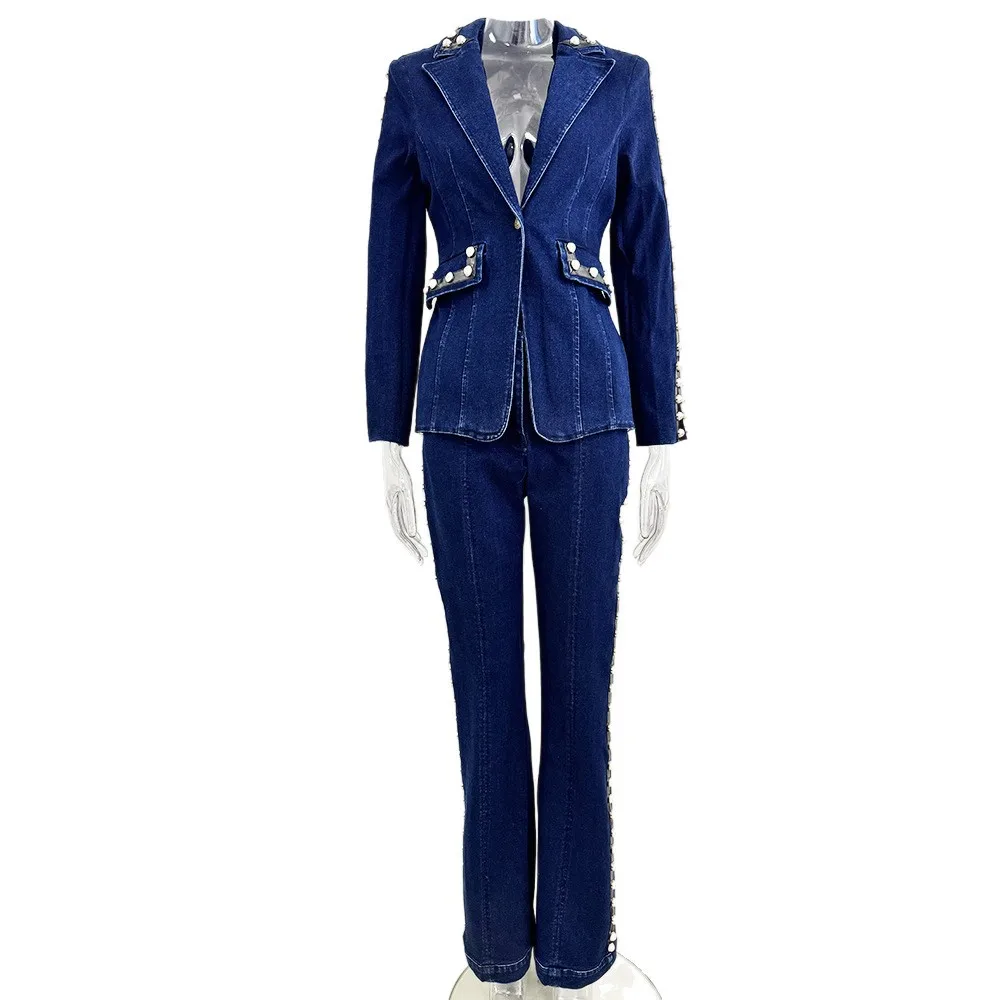 2026 Spring Heavy Beaded Pearl Washed Denim Women Suit Set Elegant High-End Slim Jacket Pants 2-Piece Work Formal Street Outfit