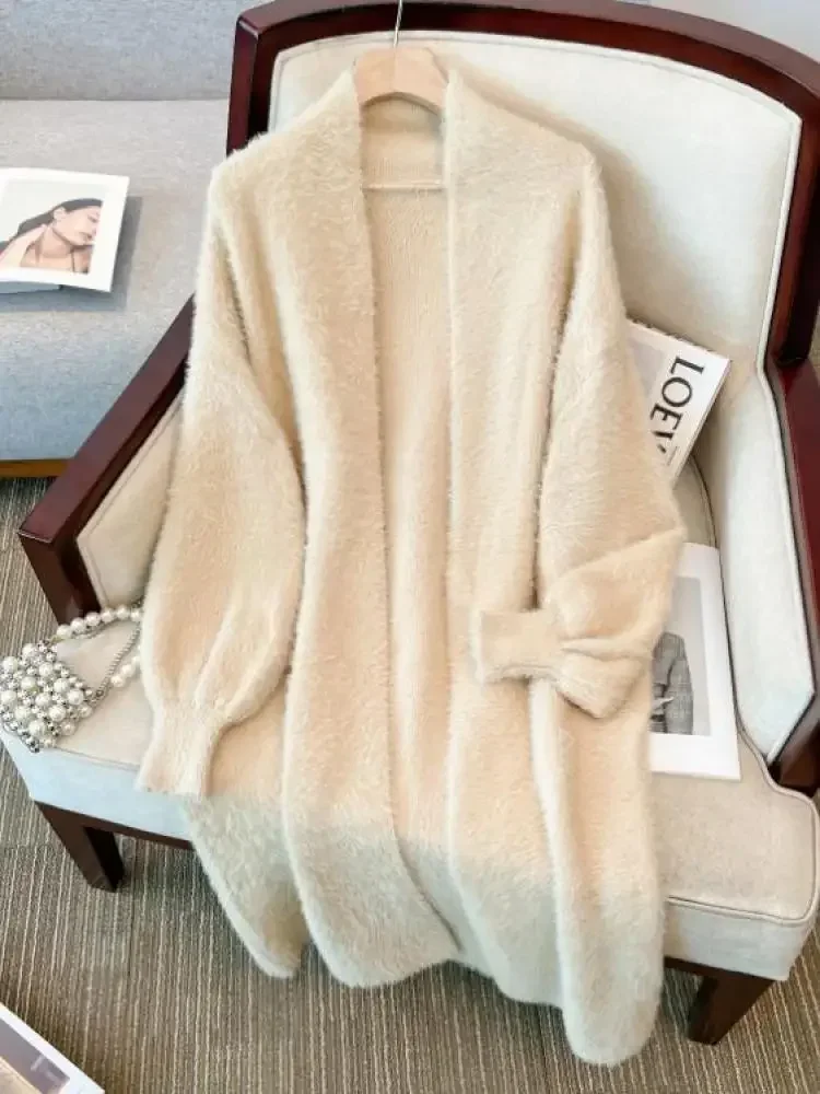 Fashion Brown Imitation Mink Sweater Cardigan Coat Women Autumn Beige Loose Soft Top White Long Knitted Jacket Simple F507