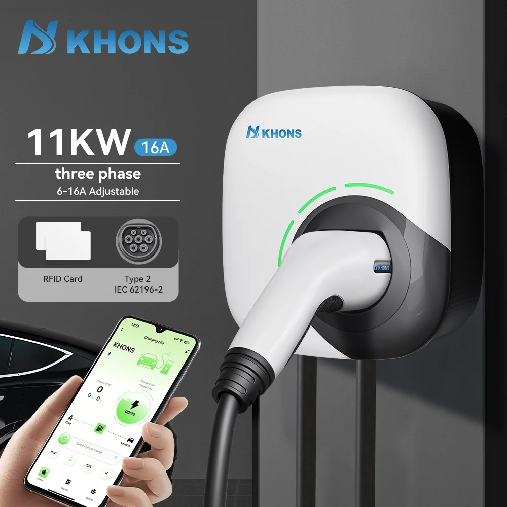 Station de recharge pour véhicules électriques Khons EV Charger Station 16A 11KW, chargeur mural pour voitures électriques 11KW 3 phases Type 2, câble EV IEC62196-2, contrôle par application