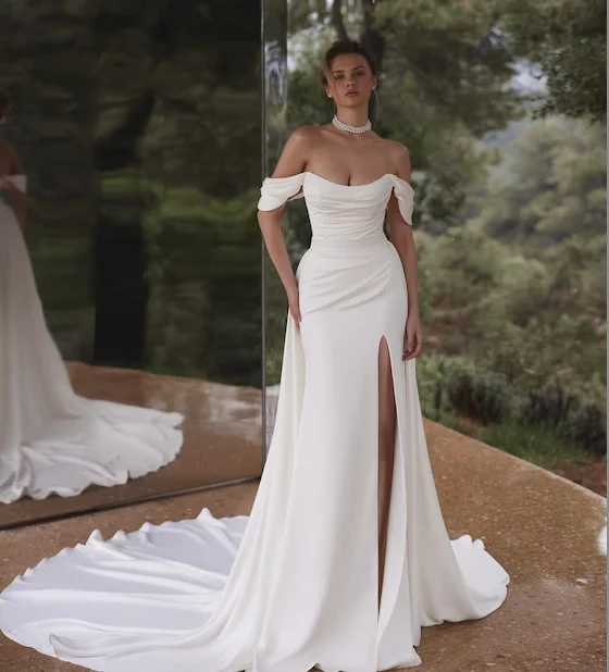 カスタムメイド ウェディングドレス マーメイド サイドスリット オフショルダー コートトレイン ブライダルガウン ジッパーバック ウェディングドレス