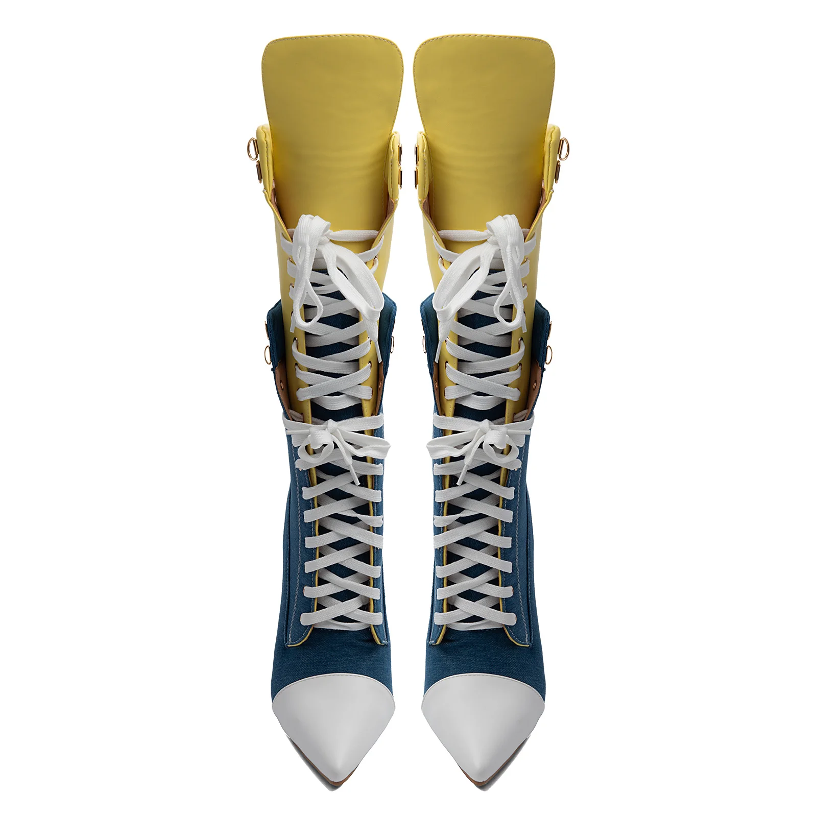 Yellow Navy Blue Color-Block Knee High Boots Women Trendy Lace-Up Pointed Toe Denim Stiletto Boots Lady Edgy Street Style Boots
