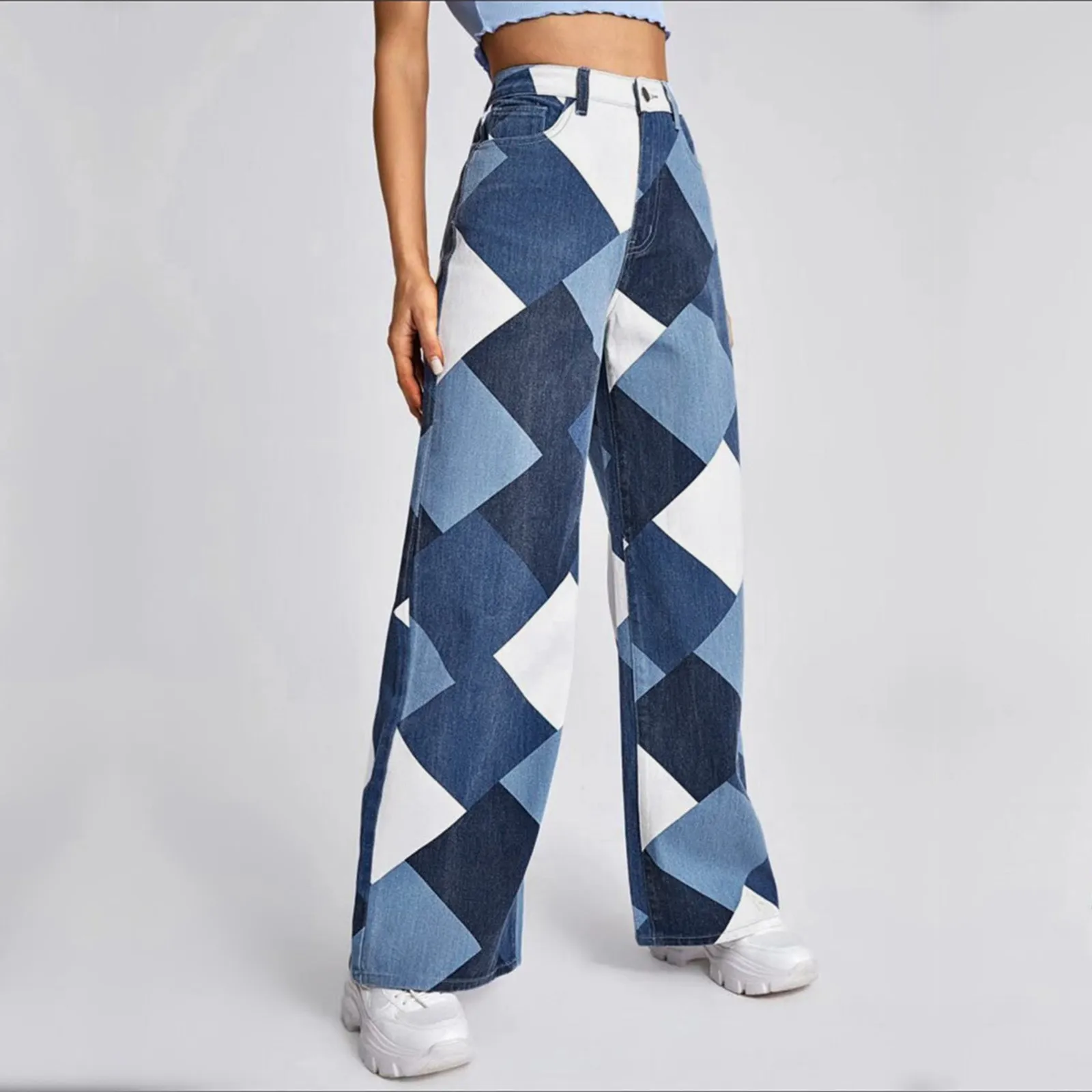 New Fashion Women's Vintage Patchwork Color Print Plaid Pants Blue Jeans Trousers Wide Leg Elastic Straight Demin Long Pants