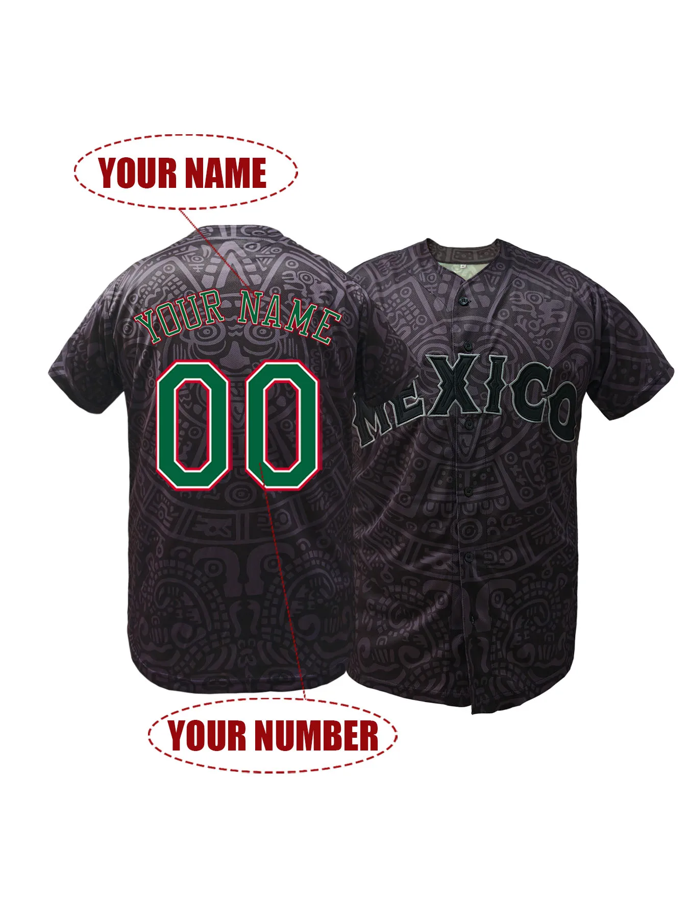 Custom Embroidered Mexico Dark Gray Baseball Jersey Aztec Tribal Breathable Personalized Name Number Unisex Sports Shirt S-3XL