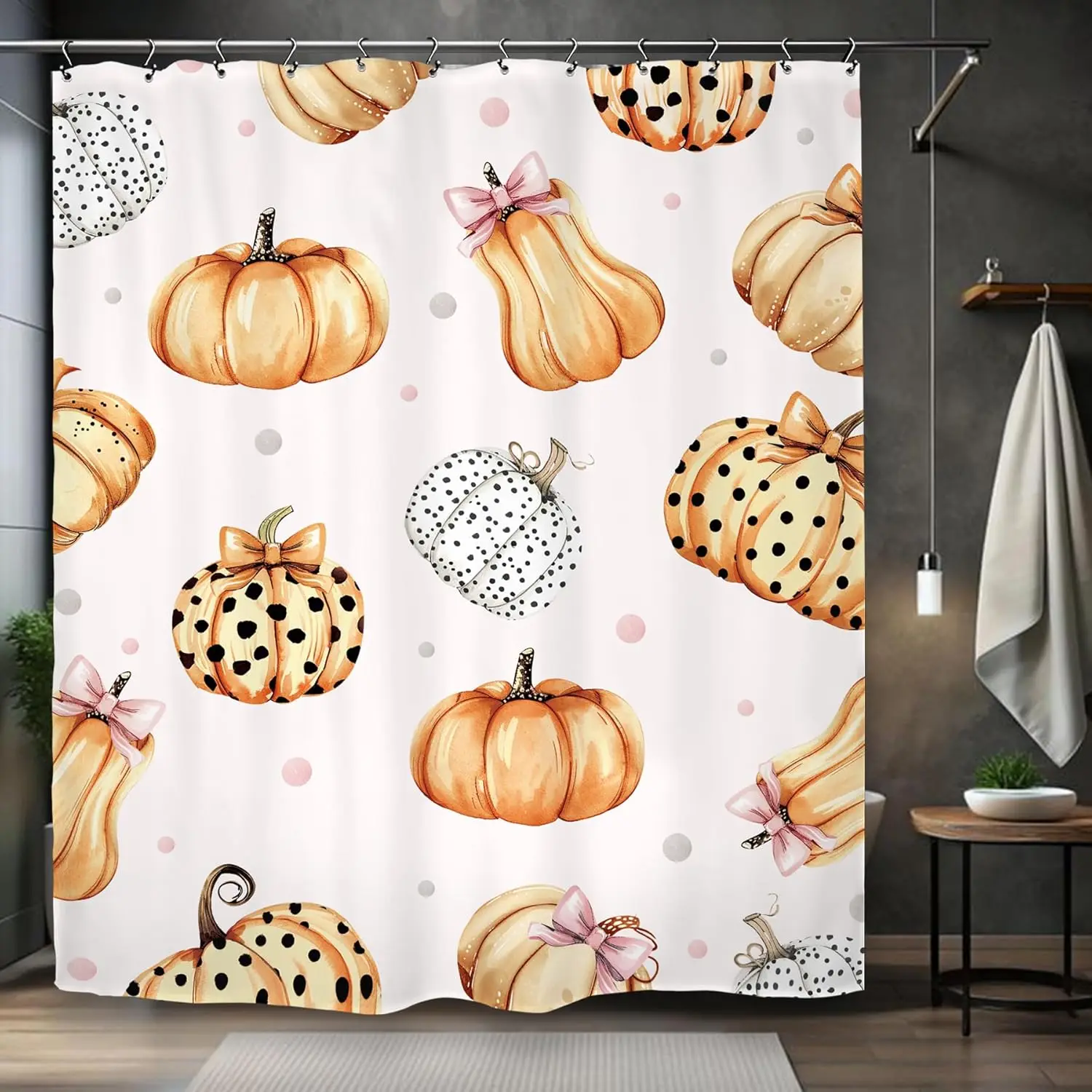 

Осенне-осенняя занавеска для душа с тыквой, 60 Вт x 72 дюйма, оранжевый, розовый, для девочек, бант в горошек, урожай, комплект для ванной комнаты на День Благодарения, аксессуары De