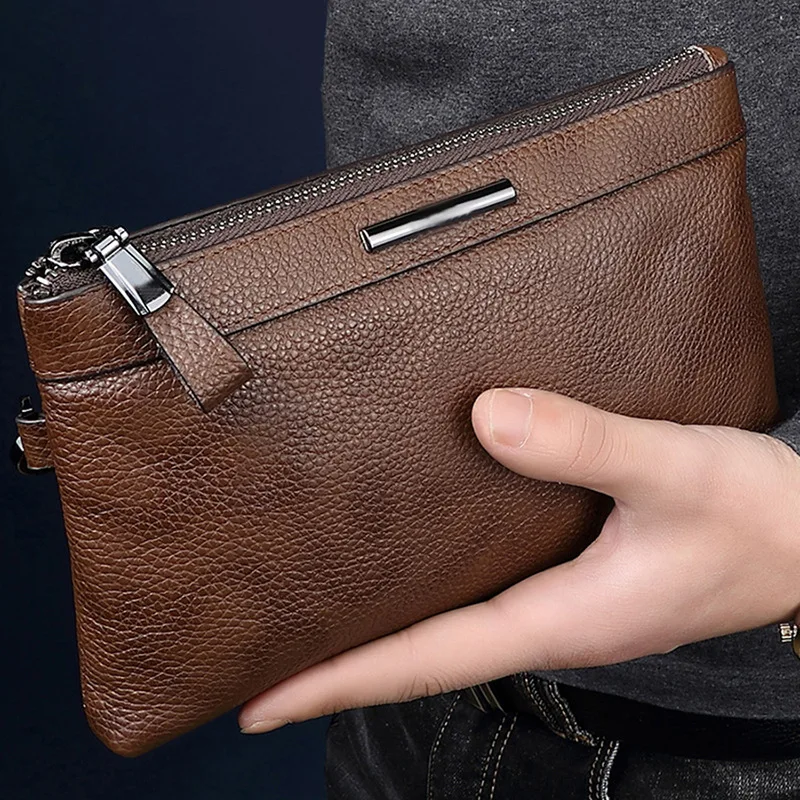 New Genuine Leather Men's Clutch Bag Soft Cowhide Minimalist Business Casual Handbag Wristlet Purse for Daily Travel Work