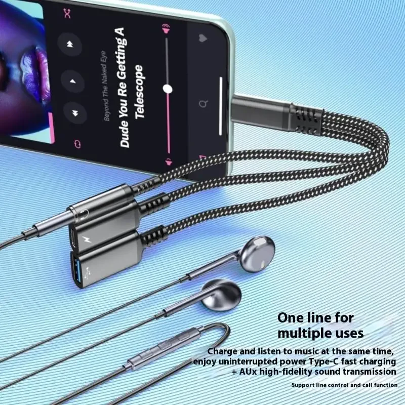 1 Piece Headphone Adapter 3 In 1 PD 60W Fast Charge Adapter For Phone16 15 Type C To Dual Type C/3.5mm Jack Audio Adapter Cable