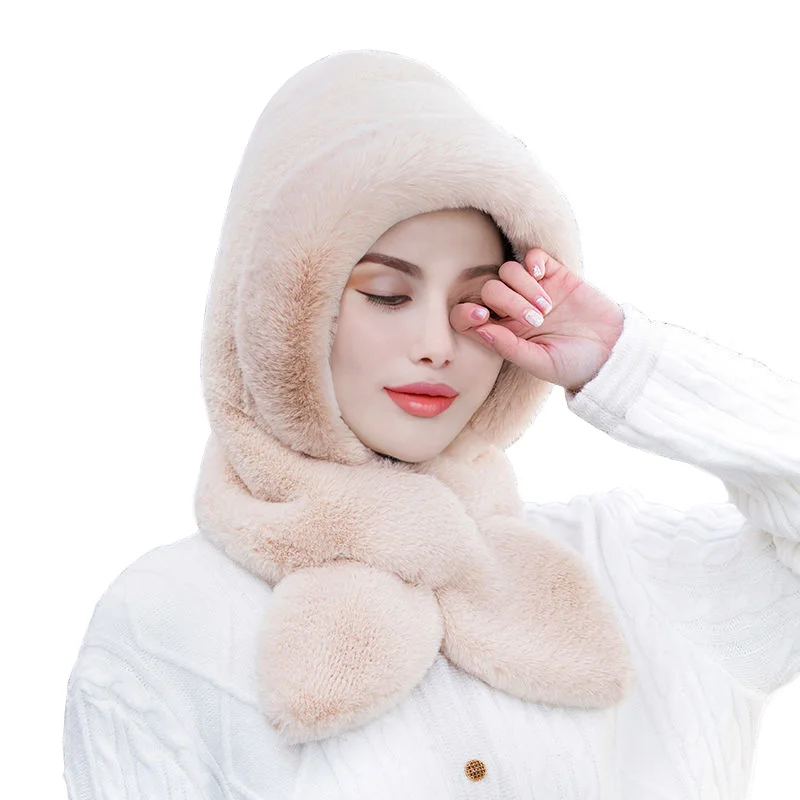 Women Winter Hood Beanies Thick Plush Scarf Hat Set Outdoor Ski Windproof Warm Headgear Solid Fluffy Fur Female Earmuffs Cap