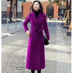 2024 Winter New Woolen Coats Womens Long Waist Over Knee Warm Large Size Wool Coats Fashion Temperament Slim Casual Overcoat