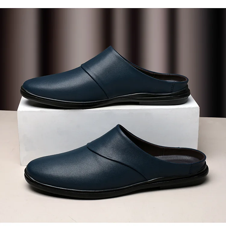

Genuine Leather Mens Half Slippers Summer Breathable Casual Shoes Slip-on Lazy Driving Shoes Walking Loafers Moccasins Half Drag